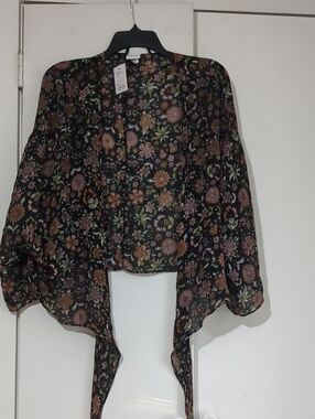 Sonoma Black Sheer Floral Tie-Front Blouse